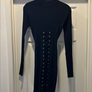 Say What? Black Long Sleeve Lace-Up Dress